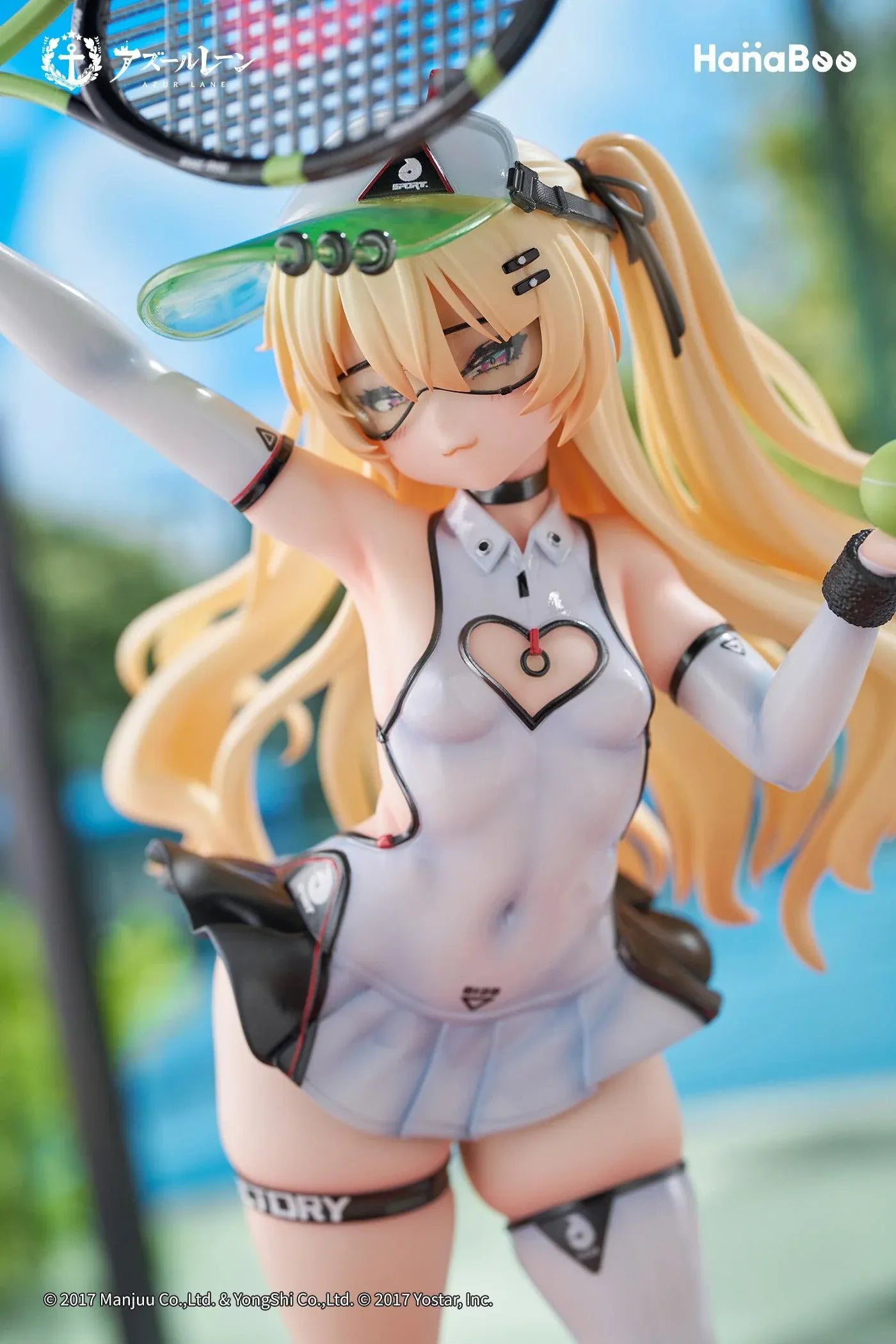 Azur Lane Bache Showy Sports Star Deluxe Ver. 1/6 Scale Figure featuring Bache in a tennis-inspired outfit with racket, tennis balls, display base, bonus artwork, and character can badge.