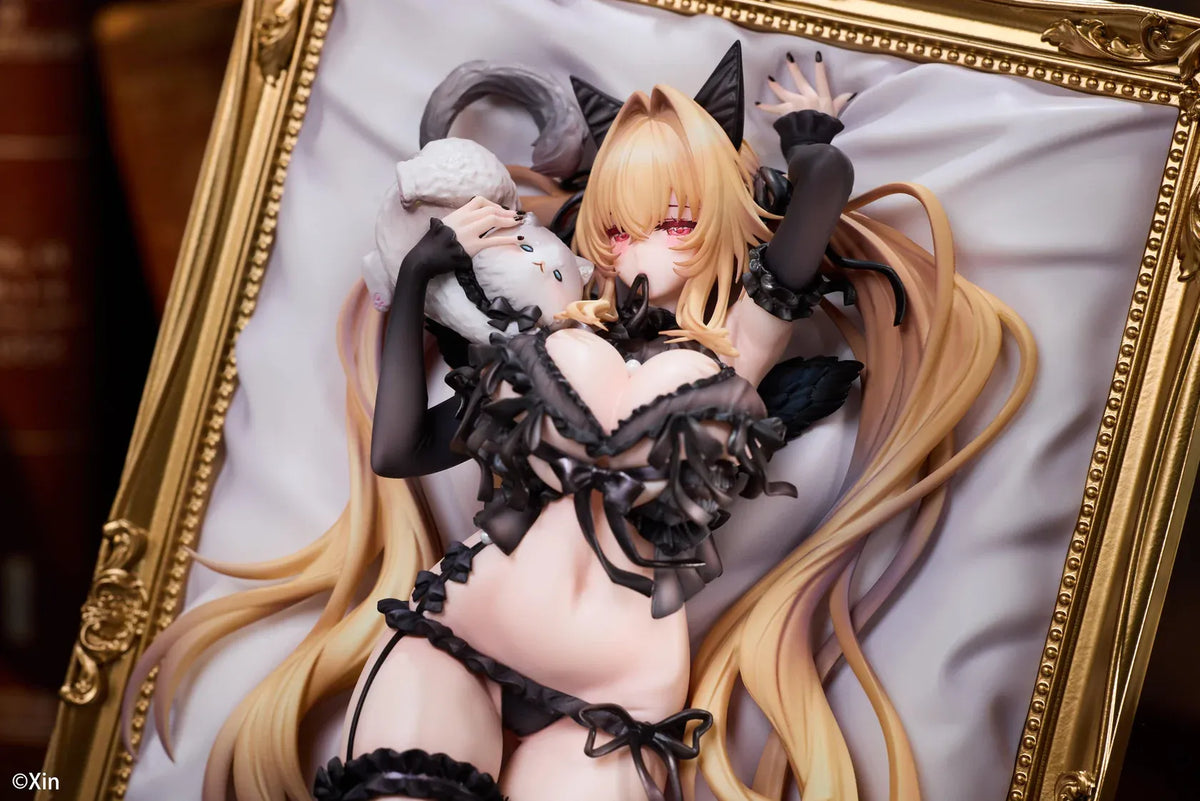 Stella Black Cat Ver. Deluxe Edition 1/7 Scale Figure illustrated by Xin, featuring a blonde-haired catgirl with red eyes, black lace lingerie, cat ears, and thigh-high stockings displayed in an ornate golden frame with a matching illustrated wall scroll.