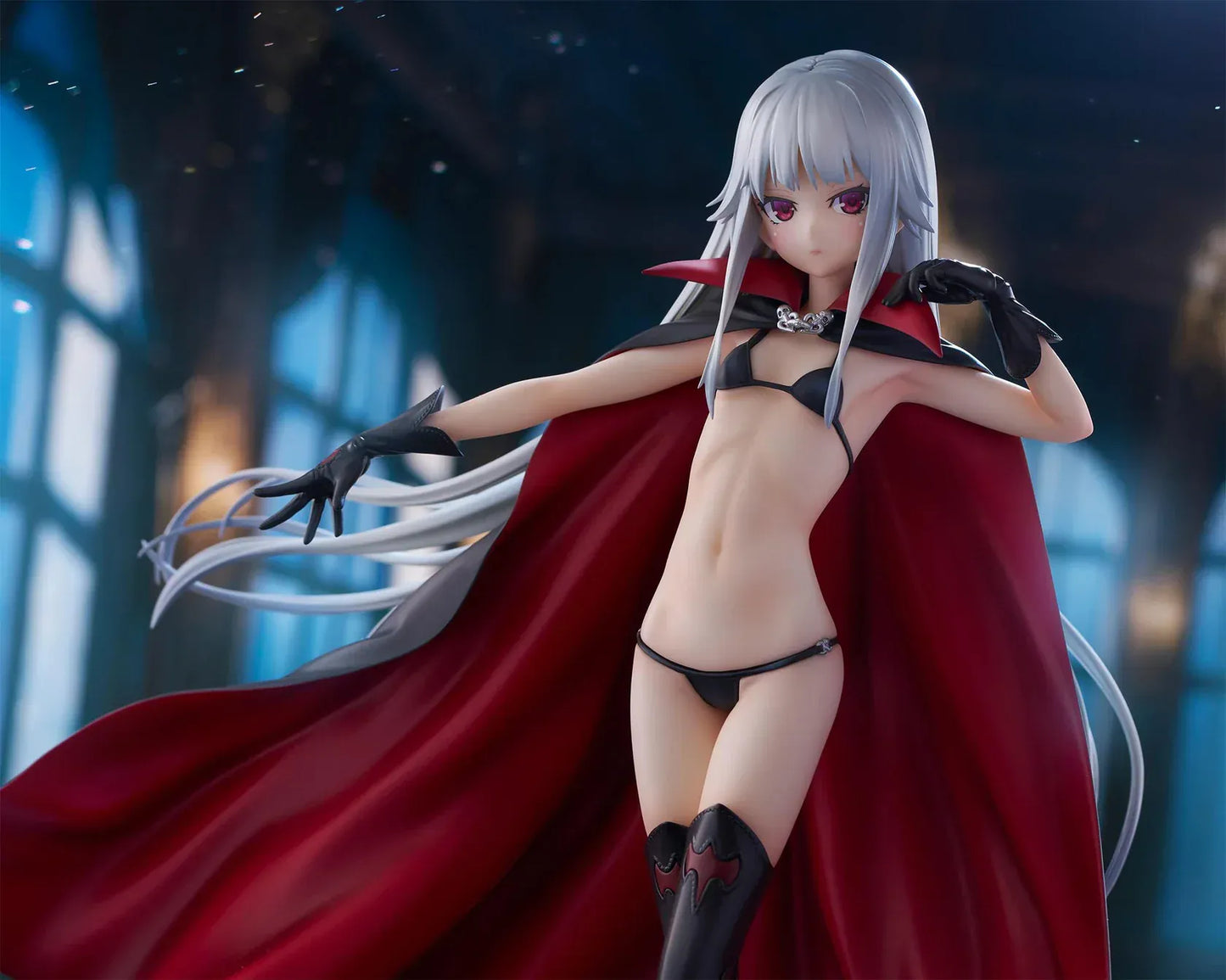 Kirie Kagarino 1/6 scale figure from Bishoujo Mangekyou featuring flowing red cape, black outfit, and silver hair on display base