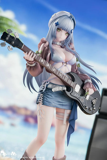 Girls' Frontline Klukai 10th Anniversary 1/6 scale figure with pale blue hair, a beret, brown jacket, blue skirt, and black bass guitar.