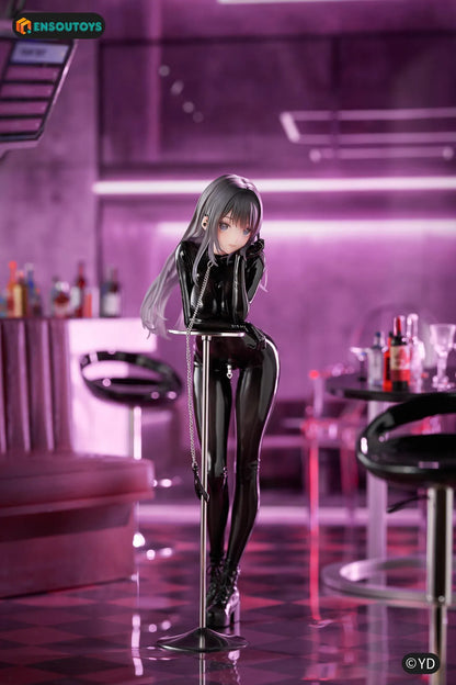 Illustration Dear My Rubber Kurokawa Miu 1/6 Scale Figure featuring Kurokawa Miu with long gray hair, blue eyes, glossy black outfit, chain accessory, and modern display pose.