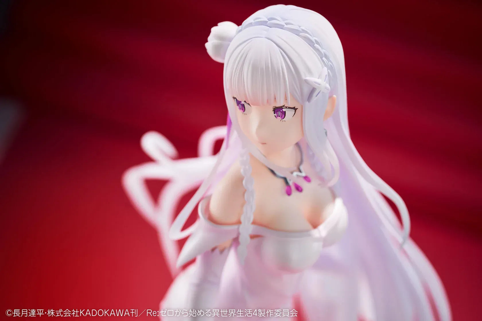 Re Zero Emilia Wedding Dress Ver. 1/7 Scale Figure wearing an elegant flowing white bridal gown with silver hair and floral accessories