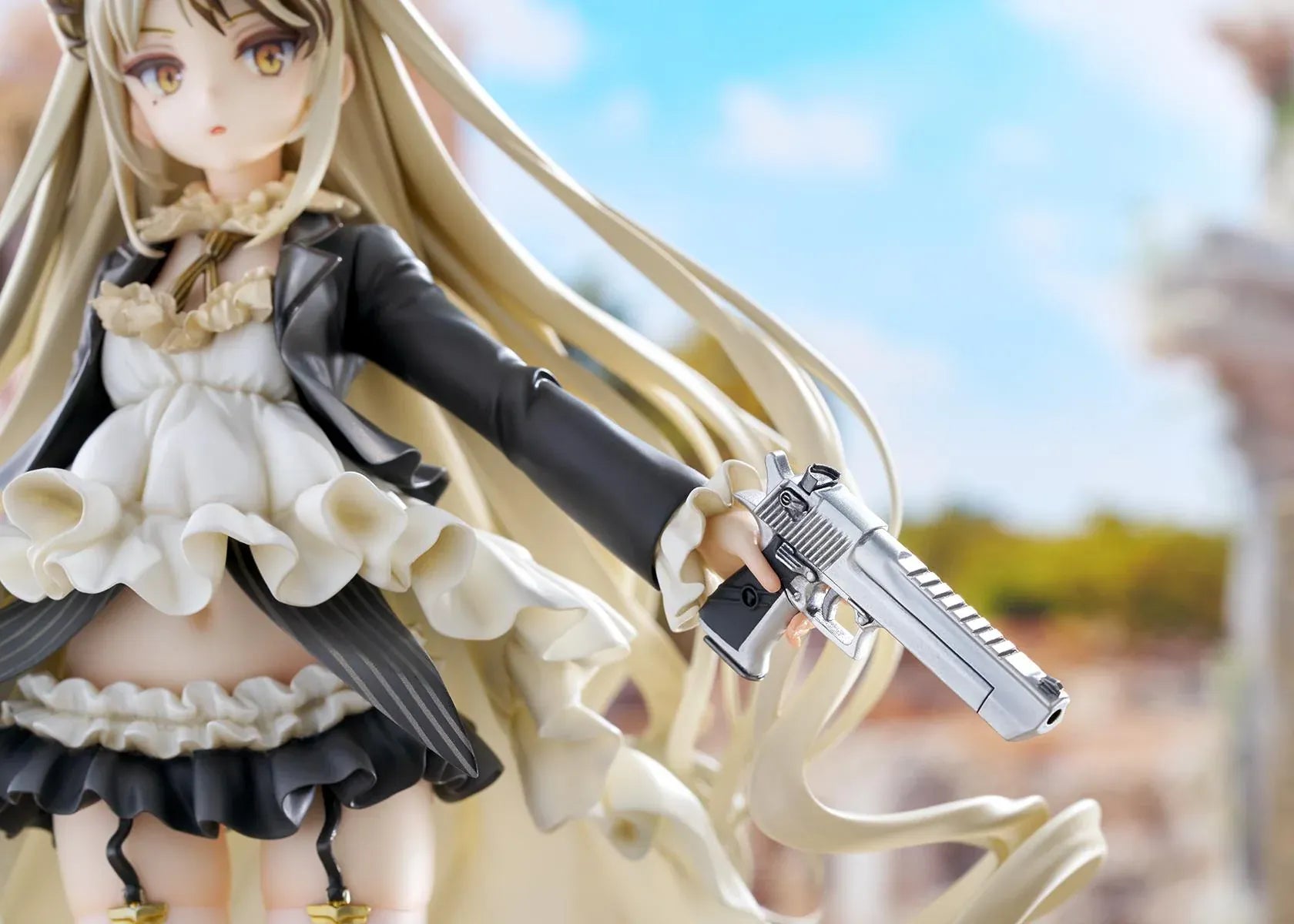 Girls' Frontline Desert Eagle 1/7 Scale Figure featuring Desert Eagle with long blonde hair, white-and-black outfit, golden eyes, handgun accessory, and flowing dress details.