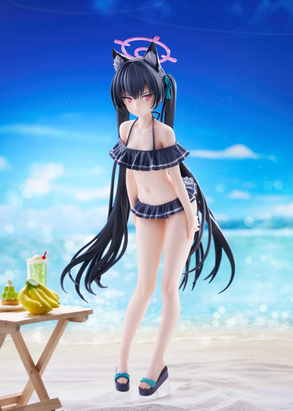 Blue Archive Serika Swimsuit 1/7 Scale Figure featuring Serika with long black hair, cat ears, dark frilled swimsuit, pink halo, platform sandals, and display base.
