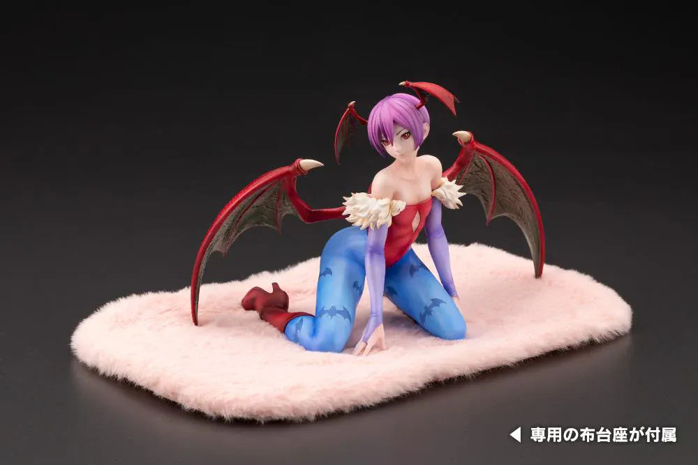 Darkstalkers Lilith 1/7 Scale Figure featuring Lilith with purple hair, bat wing accents, red-and-blue outfit details, and a playful seated pose.