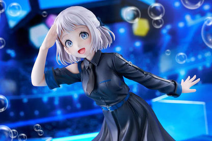 The Idolmaster Gakuen Lilja Katsuragi Hakusen DX Ver. 1/7 Scale Figure featuring Lilja with short silver hair, black dress with blue accents, boots, and themed display base.
