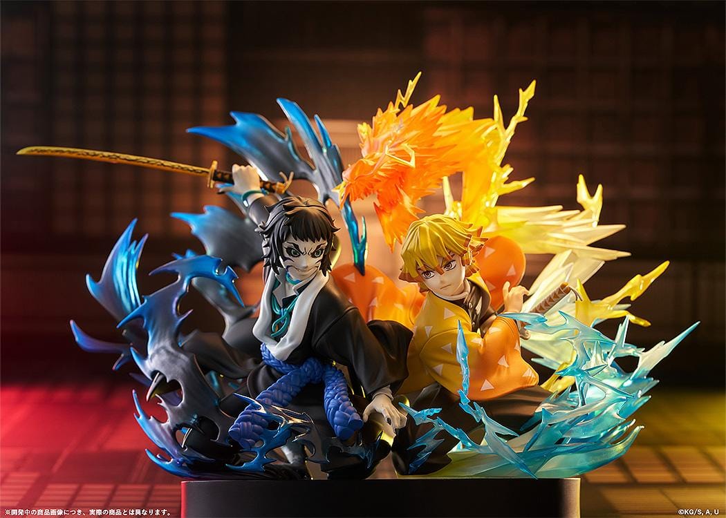 Zenitsu Agatsuma and Kaigaku Demon Slayer figure with lightning effects in dynamic battle pose