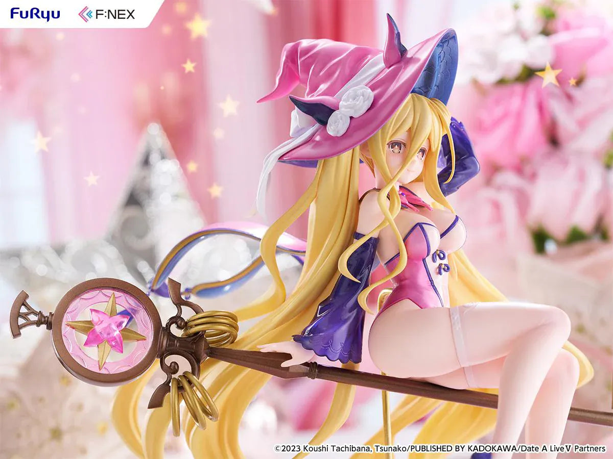 Date A Live V Mukuro Hoshimiya Witch Style Ver. 1/7 Scale Figure featuring Mukuro with long blonde hair, pink witch outfit, large witch hat, key-shaped staff, and magical display base.