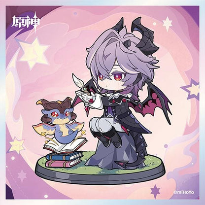Genshin Impact Durin Floral Wanderings ver. with Bonus Non Scale Figure featuring Durin with lavender hair, horns, bat-like wings, books, companion illustration, and themed display base.