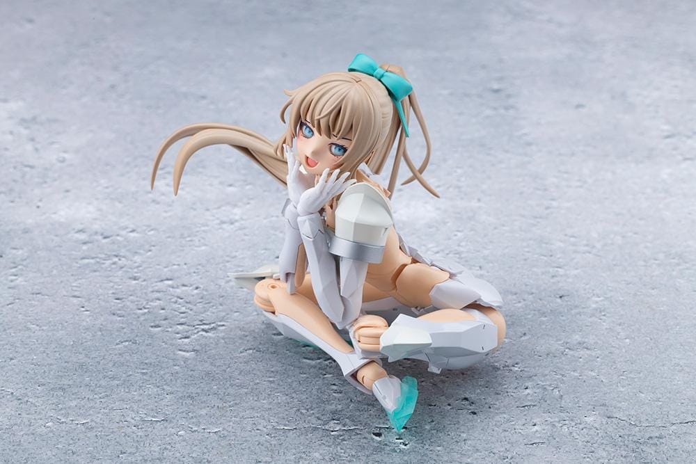 Megalomaria Unlimited Universe Emulator model kit wearing white armor with translucent teal parts and wielding teal weapons.
