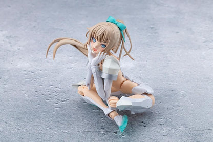Megalomaria Unlimited Universe Emulator model kit wearing white armor with translucent teal parts and wielding teal weapons.