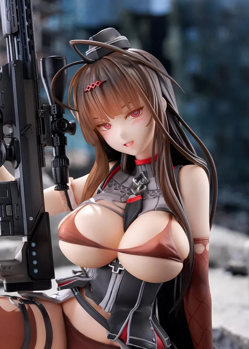 Girls' Frontline GD DSR-50 Heavy Damage 1/7 Scale Figure seated with long brown hair, tactical outfit, sniper rifle accessory, and clear display base