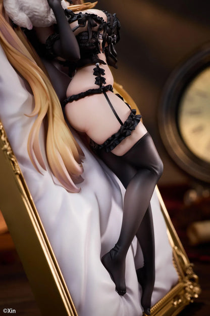 Stella Black Cat Ver. Deluxe Edition 1/7 Scale Figure illustrated by Xin, featuring a blonde-haired catgirl with red eyes, black lace lingerie, cat ears, and thigh-high stockings displayed in an ornate golden frame with a matching illustrated wall scroll.