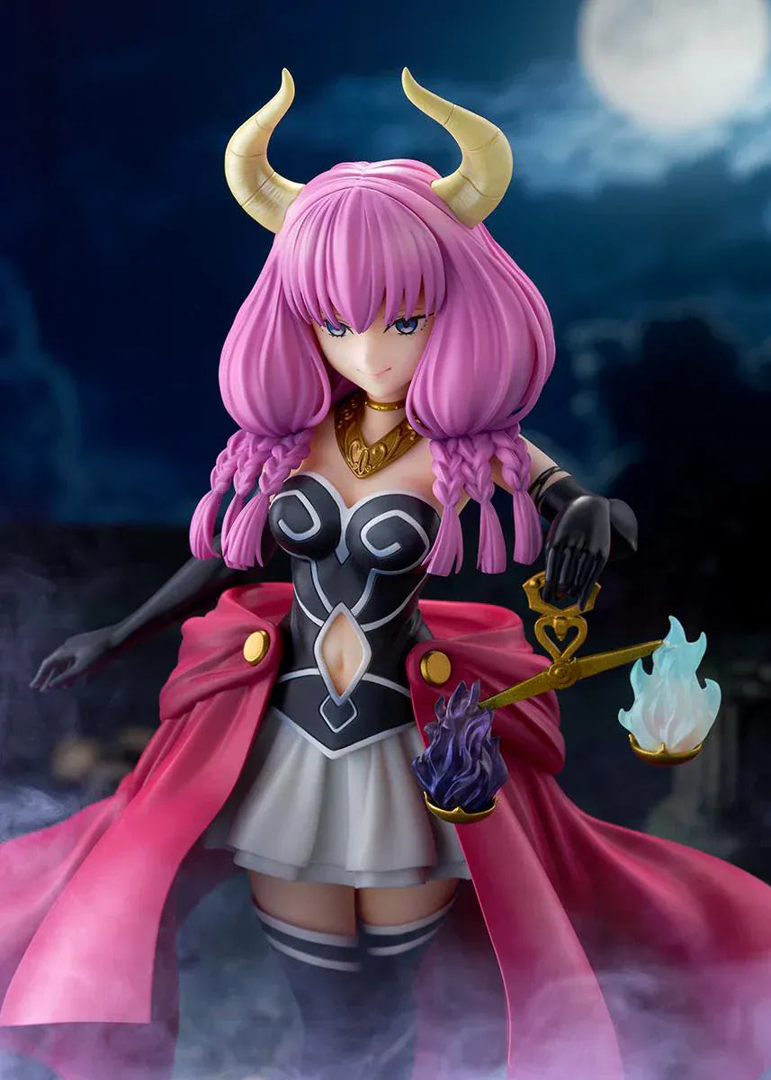 Frieren Beyond Journey’s End Aura the Guillotine 1/7 scale figure with pink hair, horns, flowing red cape, and scales accessory