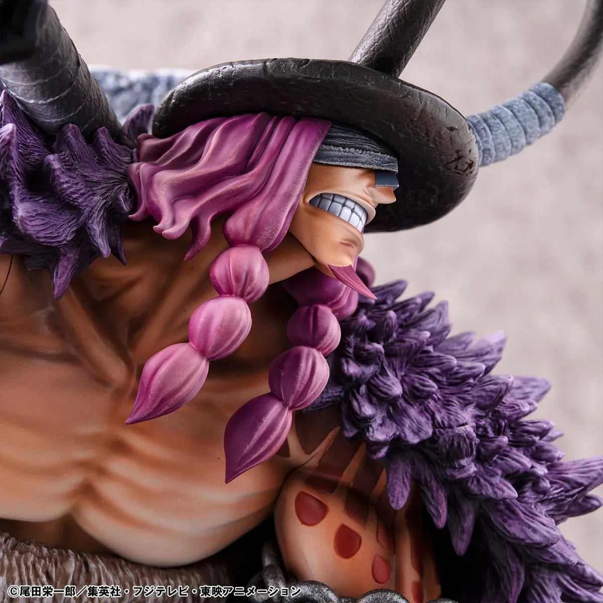 One Piece Portrait of Pirates ELB-Maximum Loki figure crouching with a massive hammer, horned helmet, pink braids, purple cloak, and chains on a rocky base.