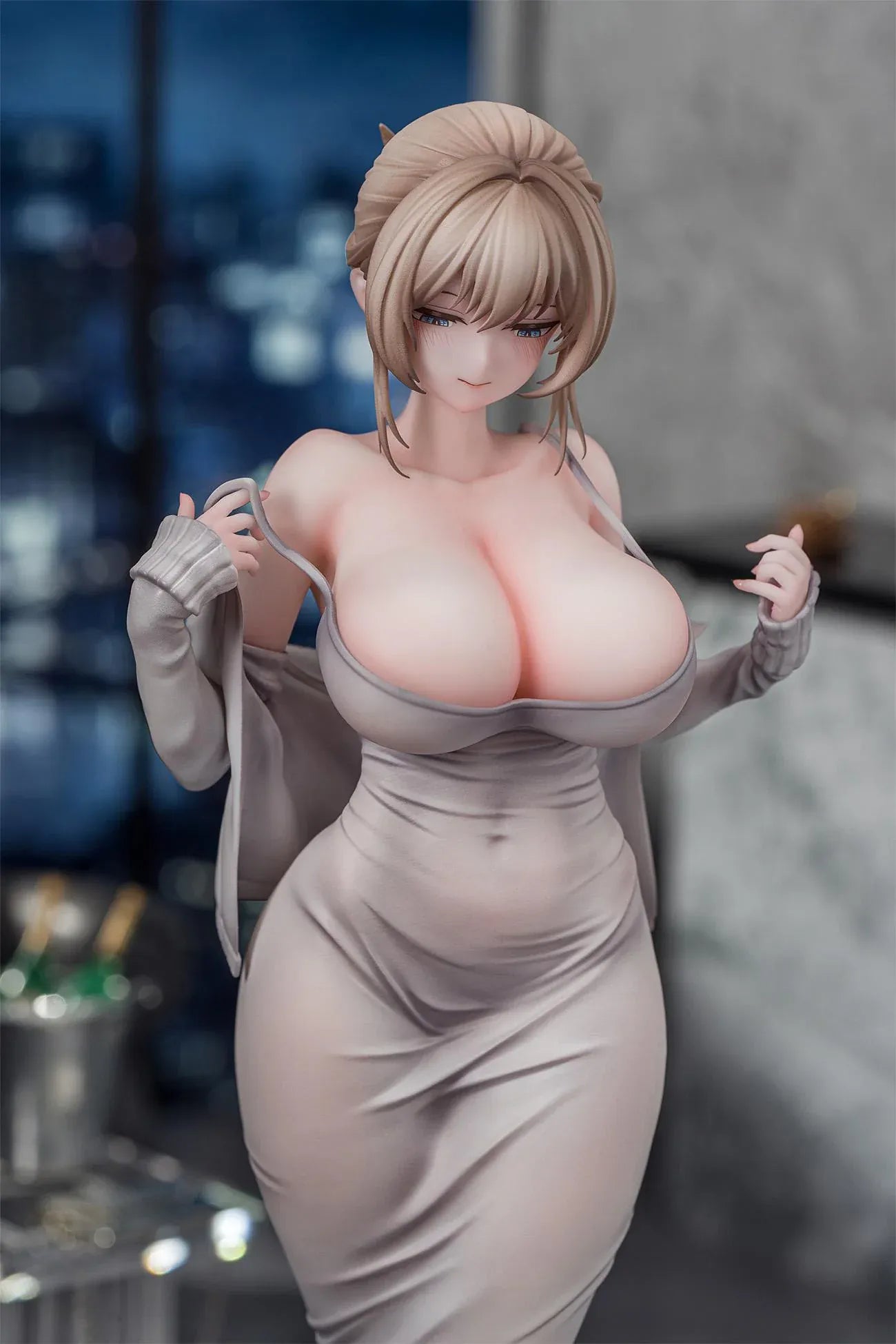 Gwan-E Illustration Muboubi na Erin 1/6 Scale Figure featuring Erin with blonde hair, gray dress, matching heels, and elegant standing pose.
