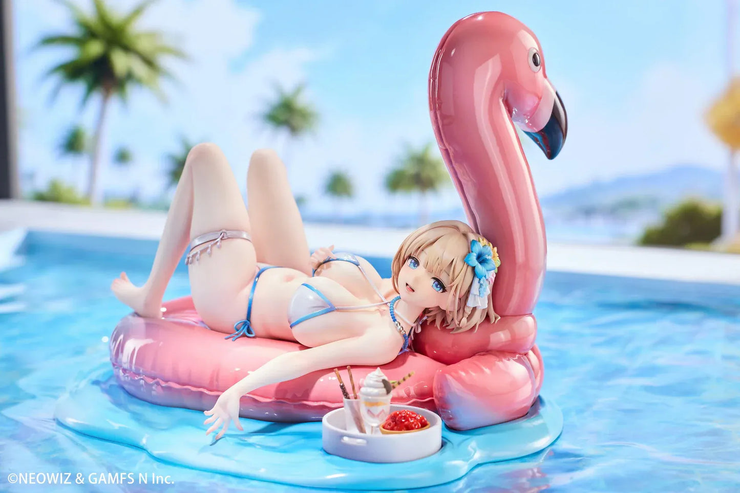 Brown Dust 2 Hot Summer Dream Justia 1/7 Scale Figure relaxing on a pink flamingo float with a water-themed display base