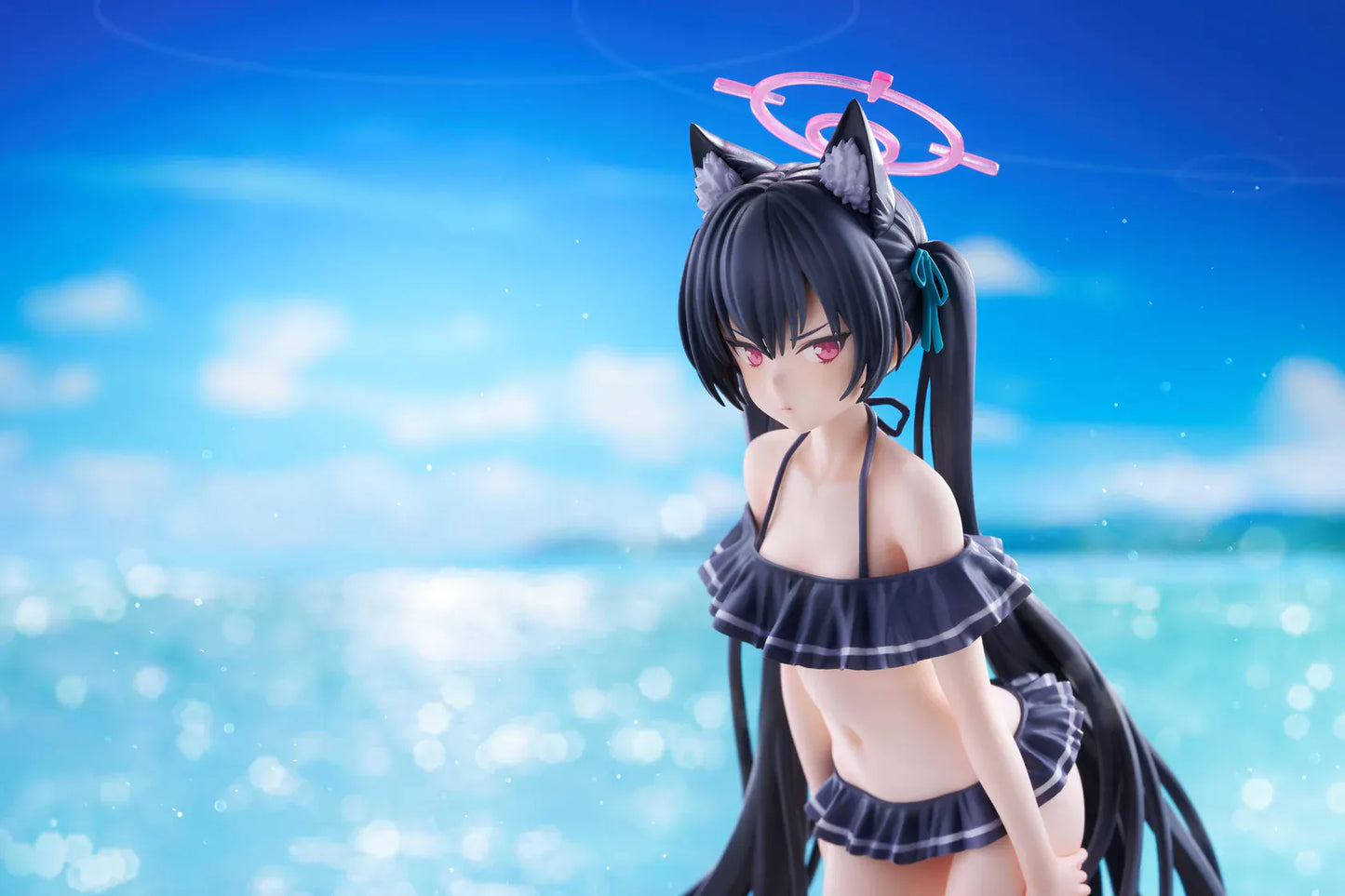 Blue Archive Serika Swimsuit 1/7 Scale Figure featuring Serika with long black hair, cat ears, dark frilled swimsuit, pink halo, platform sandals, and display base.