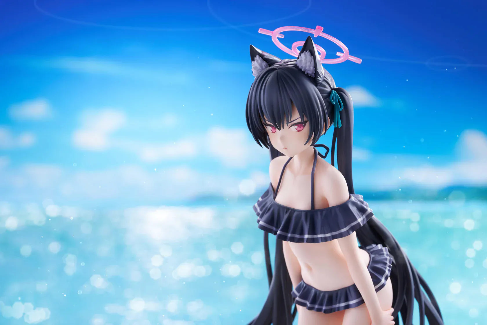 Blue Archive Serika Swimsuit 1/7 Scale Figure featuring Serika with long black hair, cat ears, dark frilled swimsuit, pink halo, platform sandals, and display base.