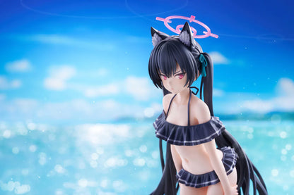 Blue Archive Serika Swimsuit 1/7 Scale Figure featuring Serika with long black hair, cat ears, dark frilled swimsuit, pink halo, platform sandals, and display base.