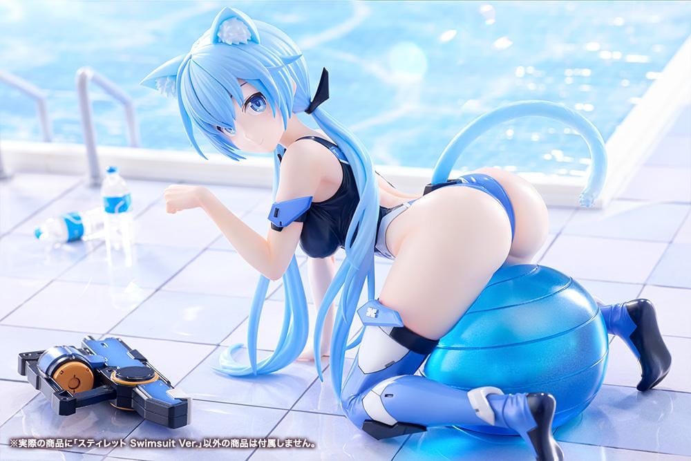 Frame Arms Girl Stylet Swimsuit Ver. Figure featuring Stylet with long light blue hair, cat ear details, blue-and-black swimsuit outfit, mechanical accessory parts, and display pose.