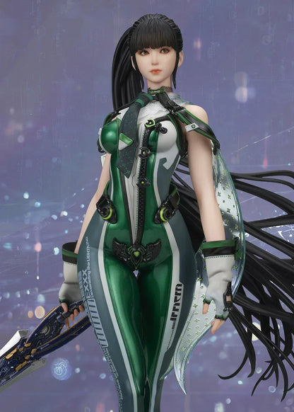 Stellar Blade Eve non-scale figure in a futuristic green and gray combat suit holding a long sword with flowing black hair