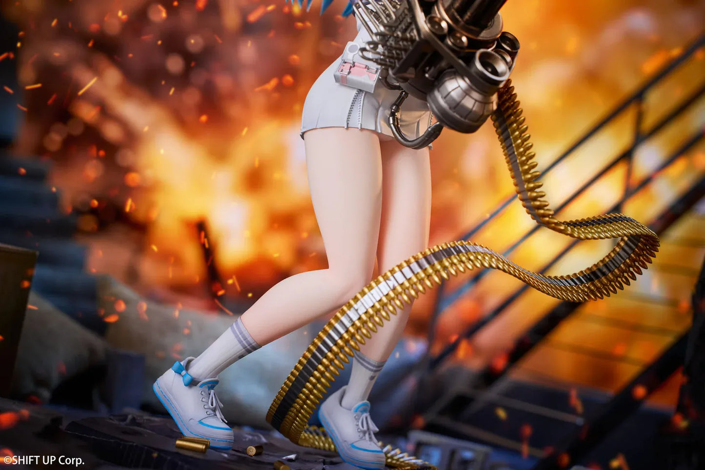 Goddess of Victory Nikke Shifty Illustration Panic Sight Deluxe Ver. 1/7 Scale Figure featuring Shifty with blue hair, tactical outfit, oversized weapon, firing effect, and ammo belt display details.