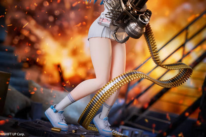 Goddess of Victory Nikke Shifty Illustration Panic Sight Deluxe Ver. 1/7 Scale Figure featuring Shifty with blue hair, tactical outfit, oversized weapon, firing effect, and ammo belt display details.