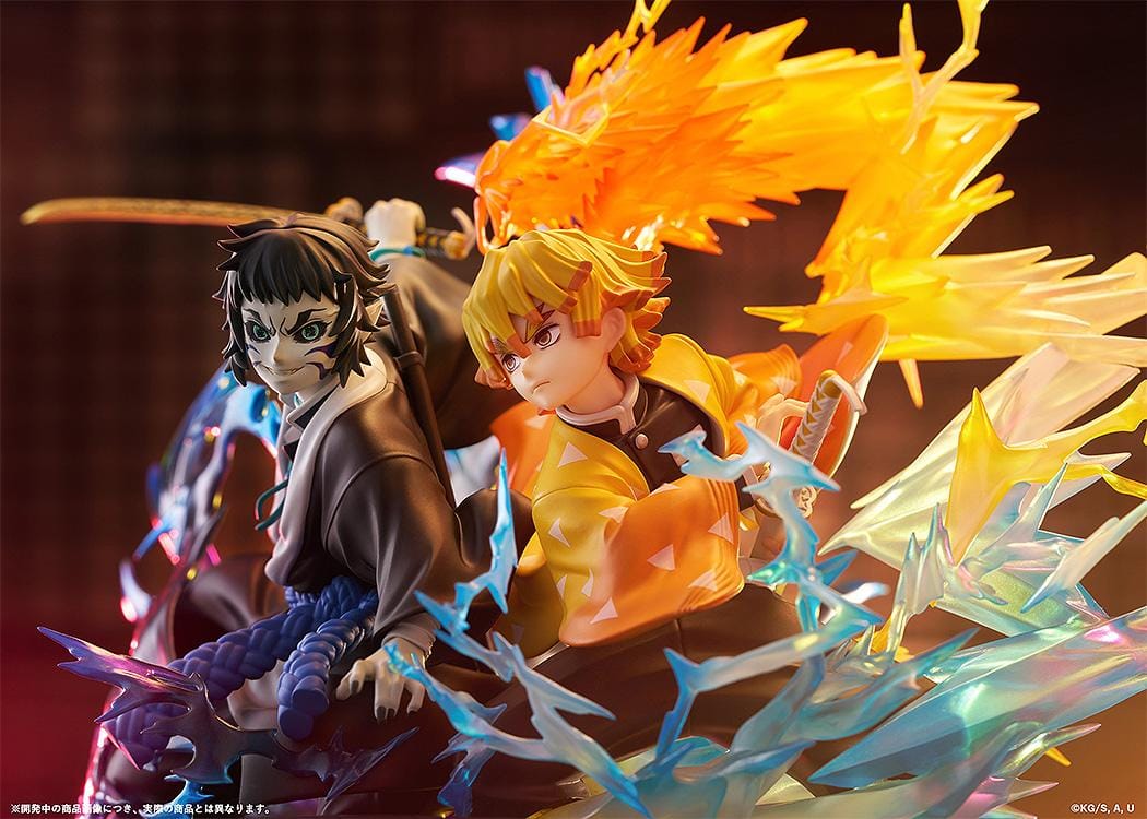 Zenitsu Agatsuma and Kaigaku Demon Slayer figure with lightning effects in dynamic battle pose
