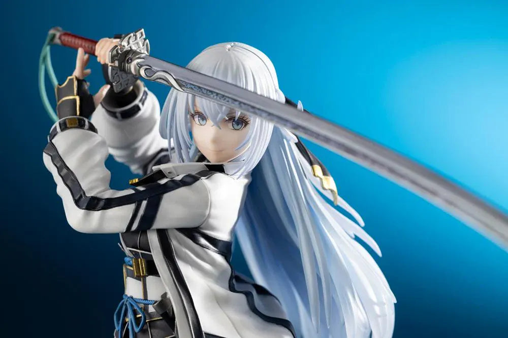 Trails through Daybreak Shizuna Rem Misurugi 1/8 scale figure with flowing pale blue hair, a white jacket, and a sword raised above her head.