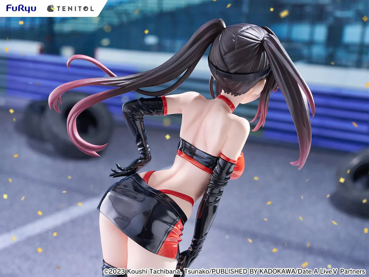 Date A Live V Tenitol Tall Kurumi Tokisaki Race Queen Ver. Figure featuring Kurumi with twin-tail hair, black-and-red race queen outfit, visor, gloves, and thigh-high boot styling.