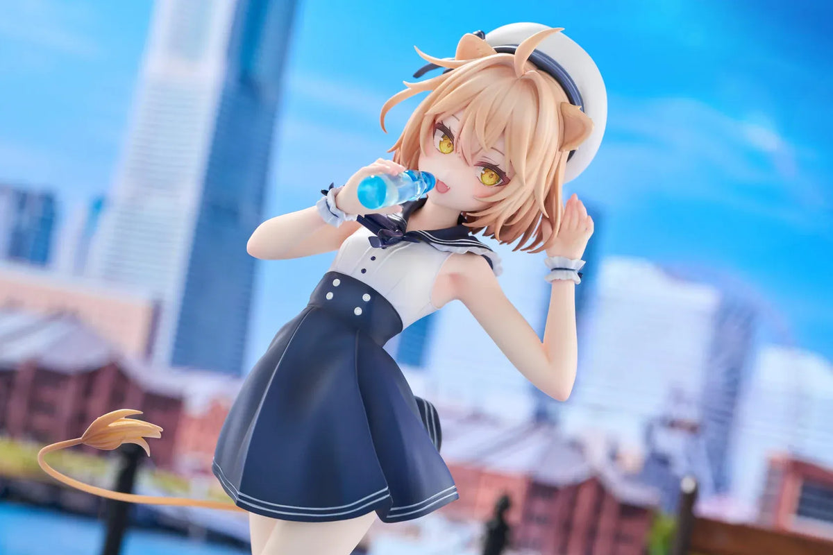 Rurudo Lion Marine Sailor Ver. figure in a navy and white sailor dress and hat, holding a blue bottle beside a chibi lion companion.