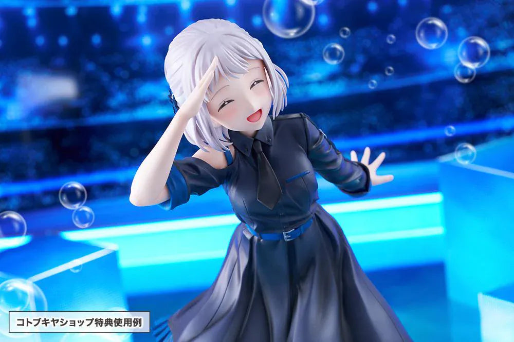 The Idolmaster Gakuen Lilja Katsuragi Hakusen DX Ver. 1/7 Scale Figure featuring Lilja with short silver hair, black dress with blue accents, boots, and themed display base.