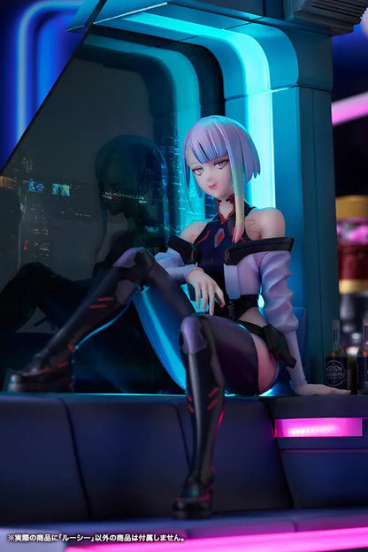 Cyberpunk Edgerunners Lucy 1/7 Scale Figure seated on a cyberpunk diorama base with blue translucent panel and neon details