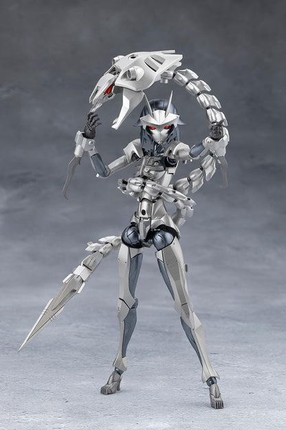 Megalomaria Unlimited Universe Wreckage Hunter model kit with white mechanical armor, a large rifle, weapon tail, and futuristic motorcycle.
