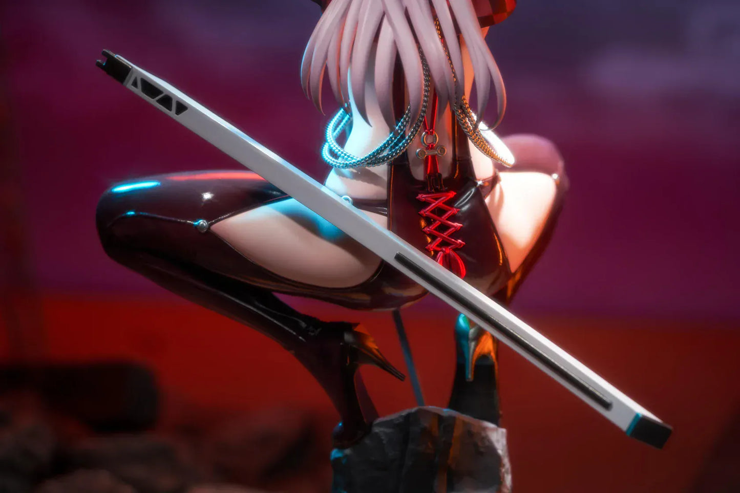 Scarlet Racer's High scale figure from Goddess of Victory: Nikke, crouching on a rocky base with weapons drawn and glossy red combat suit.