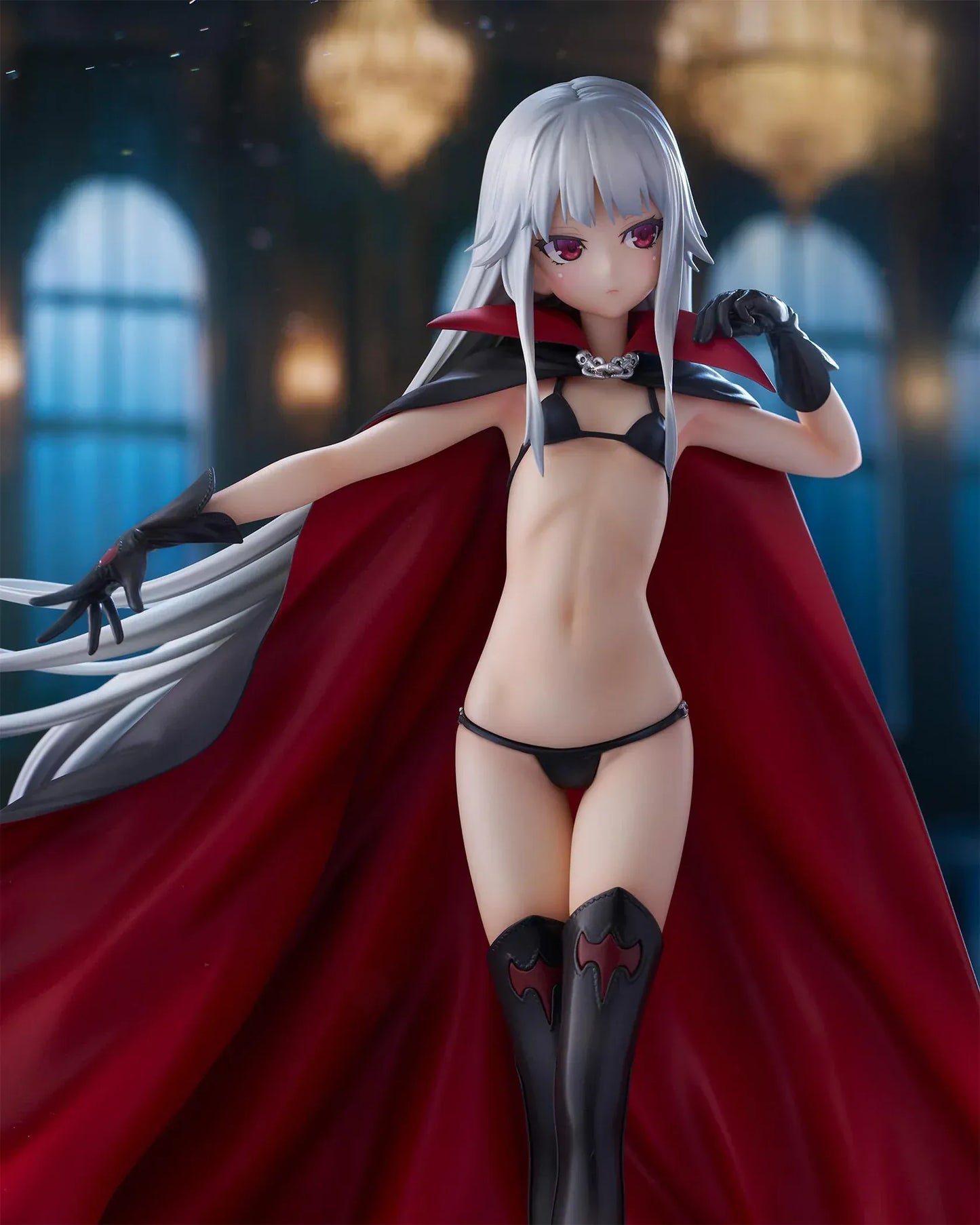 Kirie Kagarino 1/6 scale figure from Bishoujo Mangekyou featuring flowing red cape, black outfit, and silver hair on display base