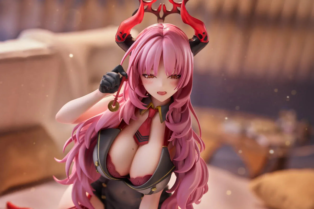 Blue Archive Satsuki Memorial Lobby 1/7 scale figure kneeling in a black-and-red outfit with flowing pink hair, horns, and a dark halo.