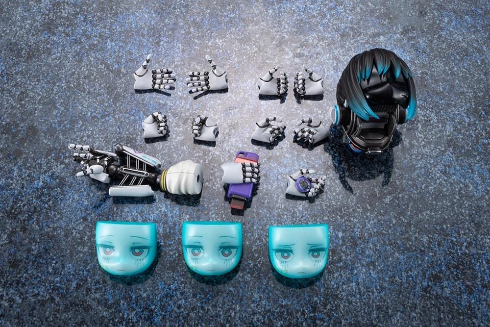 Milky Subway The Galactic Limited Express Makina Model Kit Figure featuring a robotic anime girl with black twin-tail hair, a blue-tinted face, a purple varsity jacket with white sleeves, denim shorts, mechanical arms and legs, burgundy socks, and black-and-white sneakers.