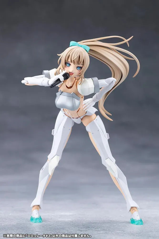 Megalomaria Unlimited Universe Emulator model kit wearing white armor with translucent teal parts and wielding teal weapons.