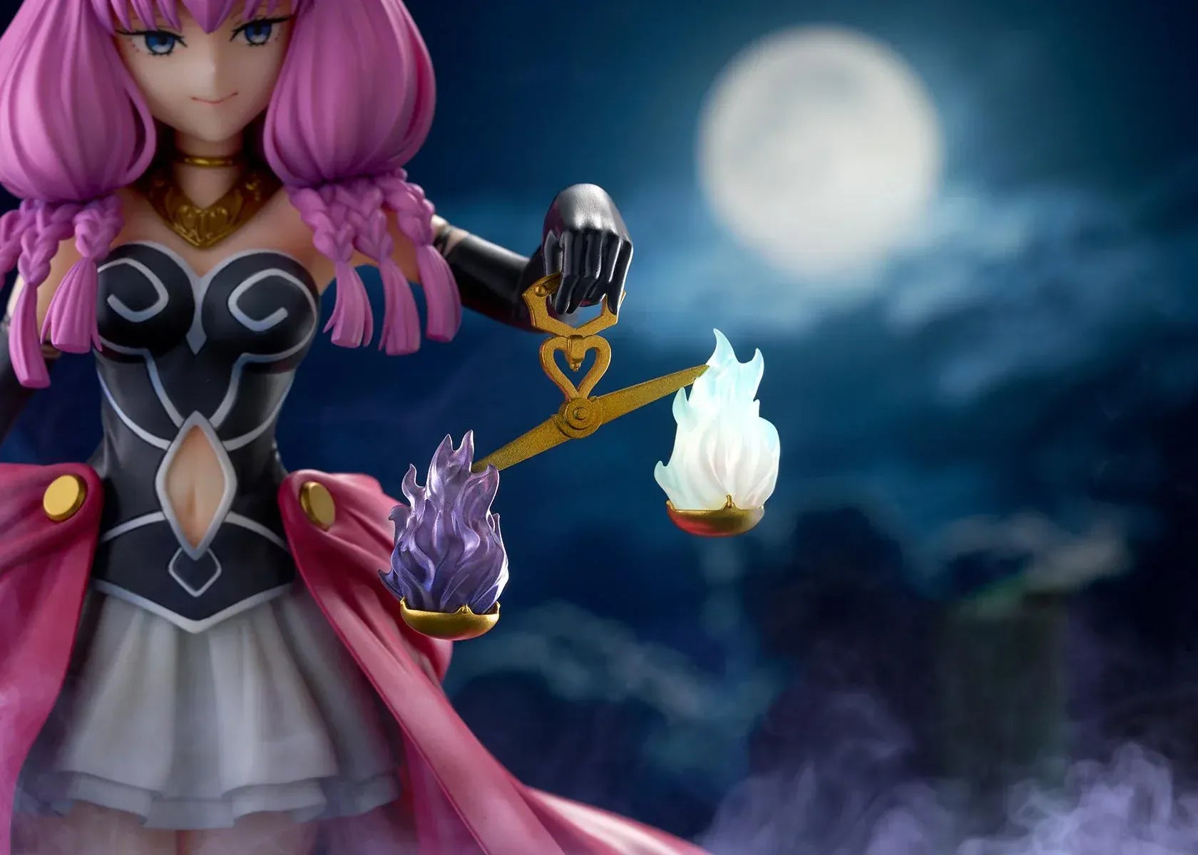 Frieren Beyond Journey’s End Aura the Guillotine 1/7 scale figure with pink hair, horns, flowing red cape, and scales accessory