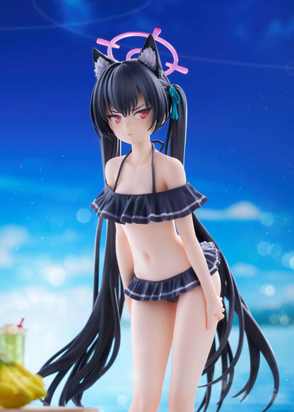 Blue Archive Serika Swimsuit 1/7 Scale Figure featuring Serika with long black hair, cat ears, dark frilled swimsuit, pink halo, platform sandals, and display base.