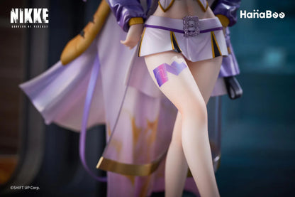 Goddess of Victory Nikke Syuen Deluxe Edition 1/6 Scale Figure featuring Syuen in a white-and-purple outfit with ribbon details, themed base, chibi mascot accent, can badge, and acrylic-style bonus artwork.