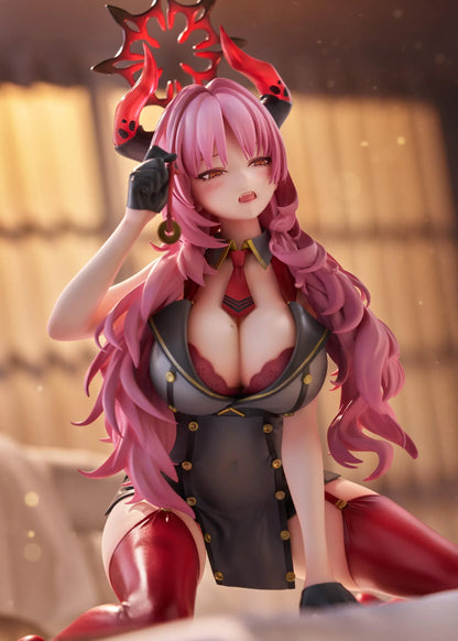 Blue Archive Satsuki Memorial Lobby 1/7 scale figure kneeling in a black-and-red outfit with flowing pink hair, horns, and a dark halo.