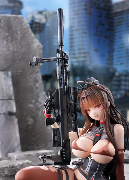 Girls' Frontline GD DSR-50 Heavy Damage 1/7 Scale Figure seated with long brown hair, tactical outfit, sniper rifle accessory, and clear display base