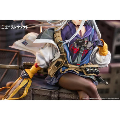 Girls' Frontline Neural Cloud Klukai 1/7 Scale Figure with long silver hair, military-inspired outfit, weapon accessories, seated pose, crate-style base, and bonus item