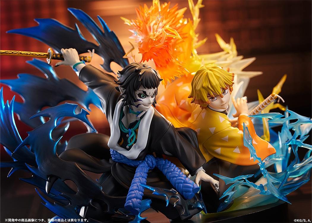 Zenitsu Agatsuma and Kaigaku Demon Slayer figure with lightning effects in dynamic battle pose