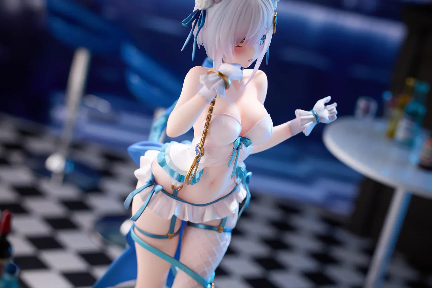 Shibarare Neko Putika-chan Deluxe Edition 1/7 Scale Figure featuring Putika-chan with white hair, cat ears, blue ribbon accents, cat tail detail, and bonus illustration card.