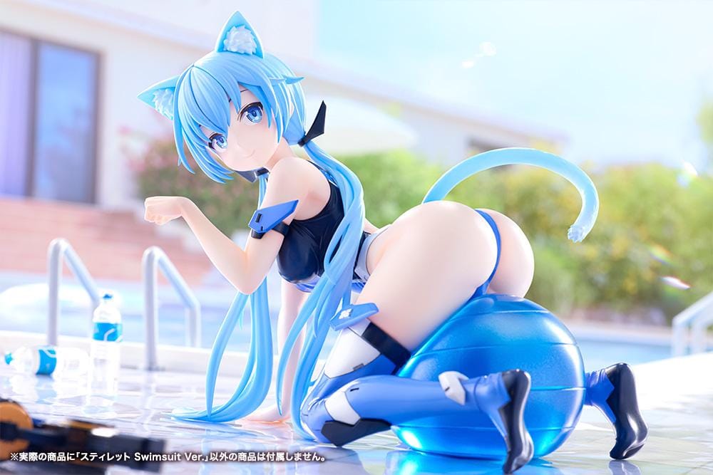 Frame Arms Girl Stylet Swimsuit Ver. Figure featuring Stylet with long light blue hair, cat ear details, blue-and-black swimsuit outfit, mechanical accessory parts, and display pose.