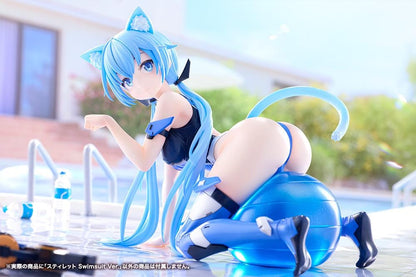 Frame Arms Girl Stylet Swimsuit Ver. Figure featuring Stylet with long light blue hair, cat ear details, blue-and-black swimsuit outfit, mechanical accessory parts, and display pose.